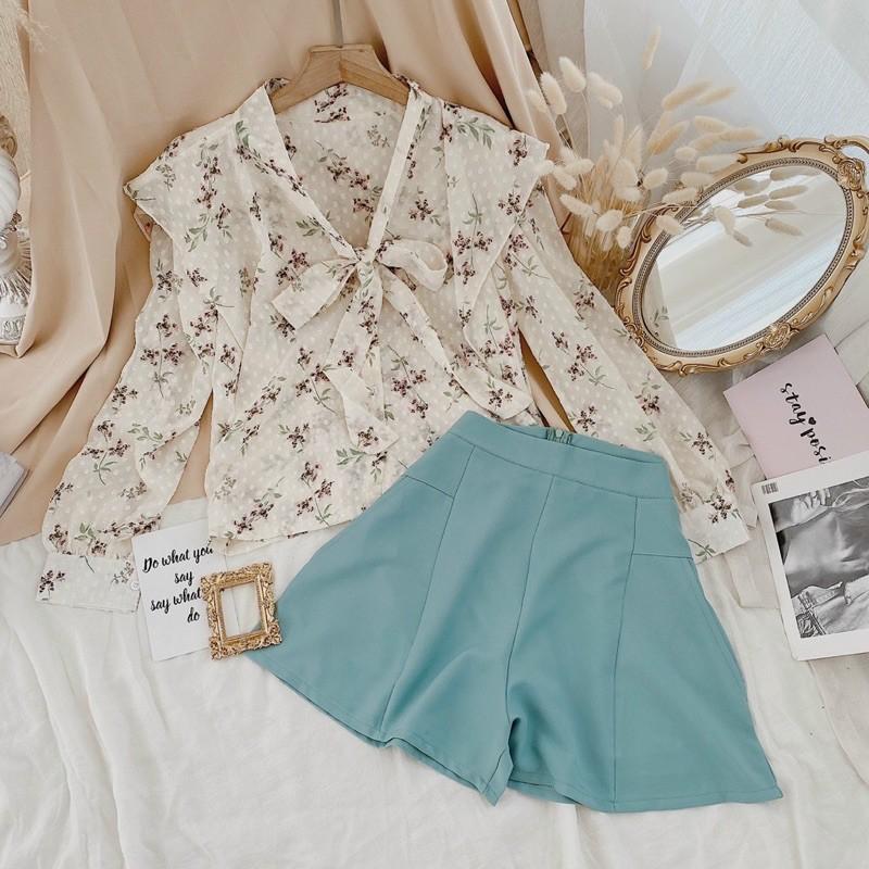 126 - SET ÁO HOA CỘT NƠ CỔ SHORT XANH