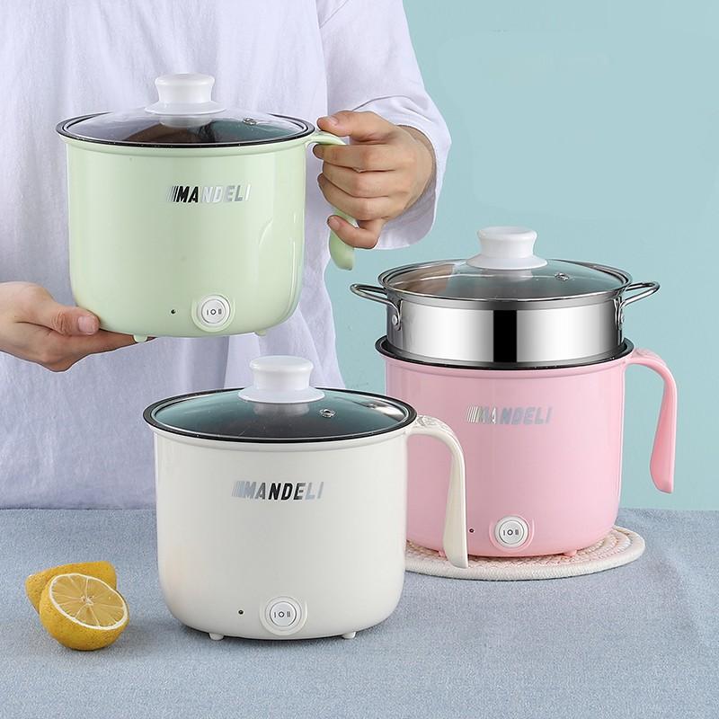 Ca Nấu Mì,Nồi Lẩu Điện Mini Cầm Tay 2 NẤC NHIỆT Nấu Cơm Đa Năng 1,8L + Tặng Kèm Giá Hấp INOX