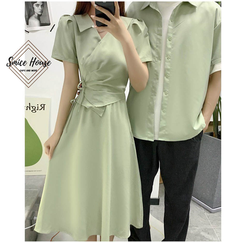 SET ÁO ĐÔI NAM NỮ CHỤP HÌNH CƯỚI ĐỒ CẶP ÁO SƠ MI NAM ĐẦM DÀI CỘT EO MÀU XANH