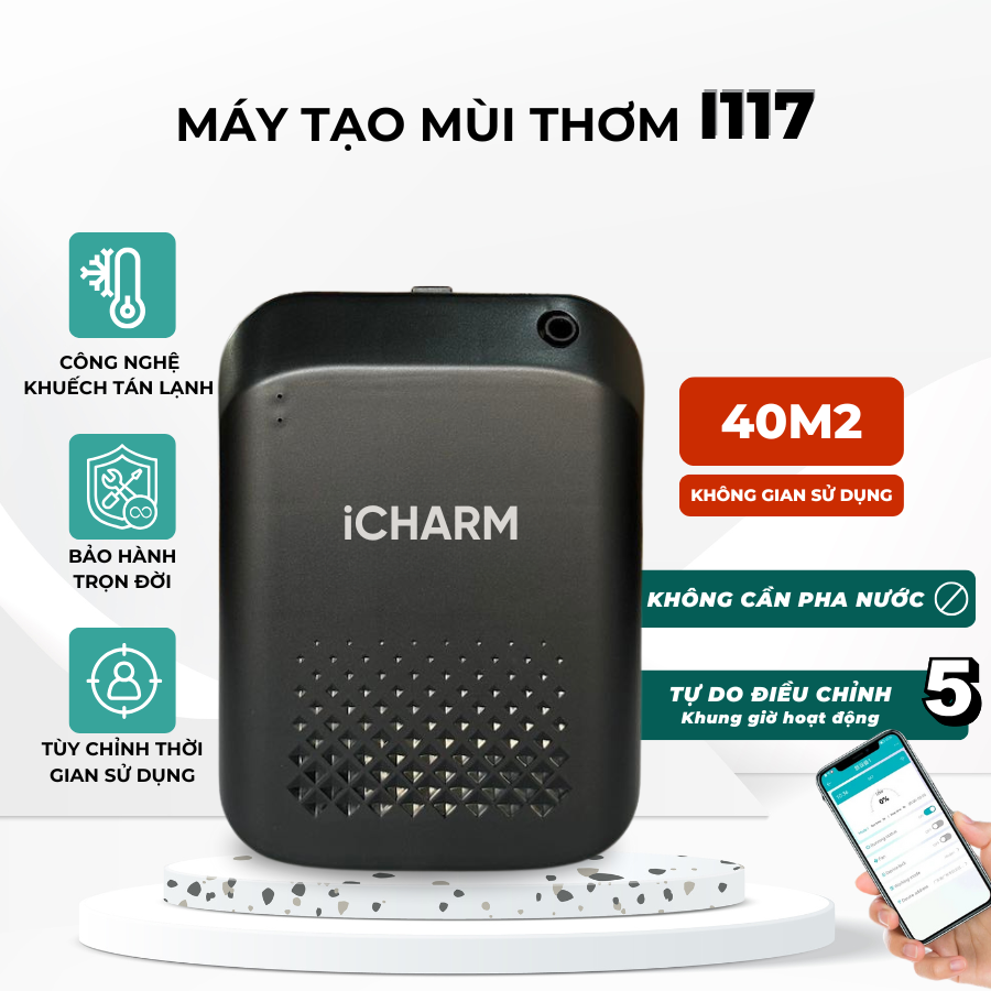 Máy xông tinh dầu, khuếch tán tạo mùi thơm cho cửa hàng, phòng ngủ, nhà vệ sinh 40m2 i117 iCHARM
