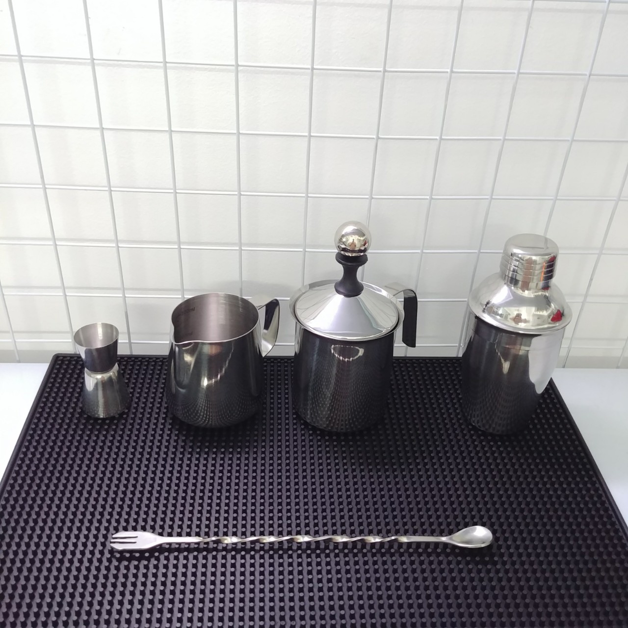Combo 6 dụng cụ pha chế Inox quầy cà phê, barista (Shaker inox 350ml)