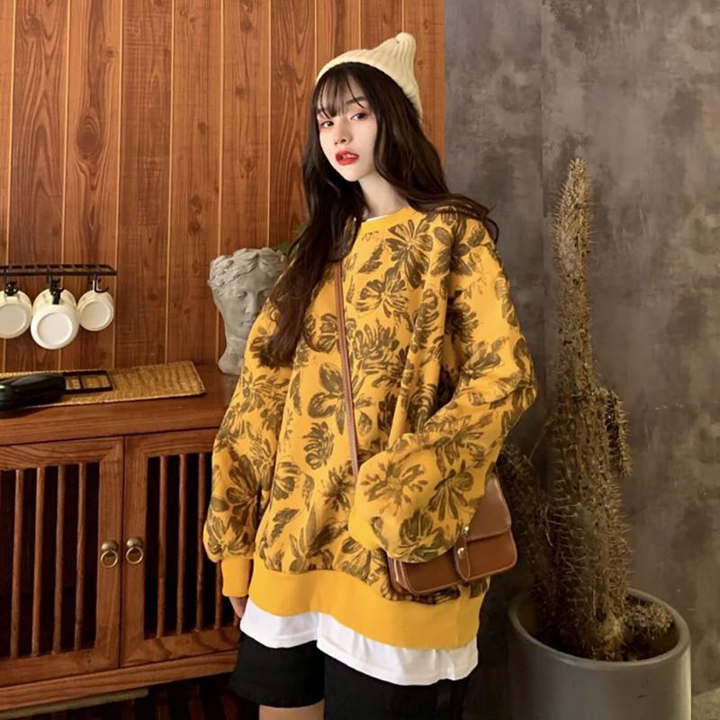 Áo thun sweater dáng rộng tay dài in hình dễ thương