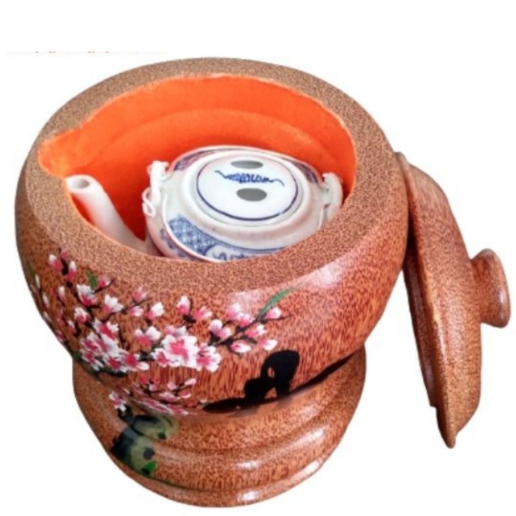 Bình Trà Gỗ Dừa Hoa Văn Lồng Chữ An Và Bình Trà 700 - 950ml - Sản Phẩm Được Sản Xuất Tại Bến Tre