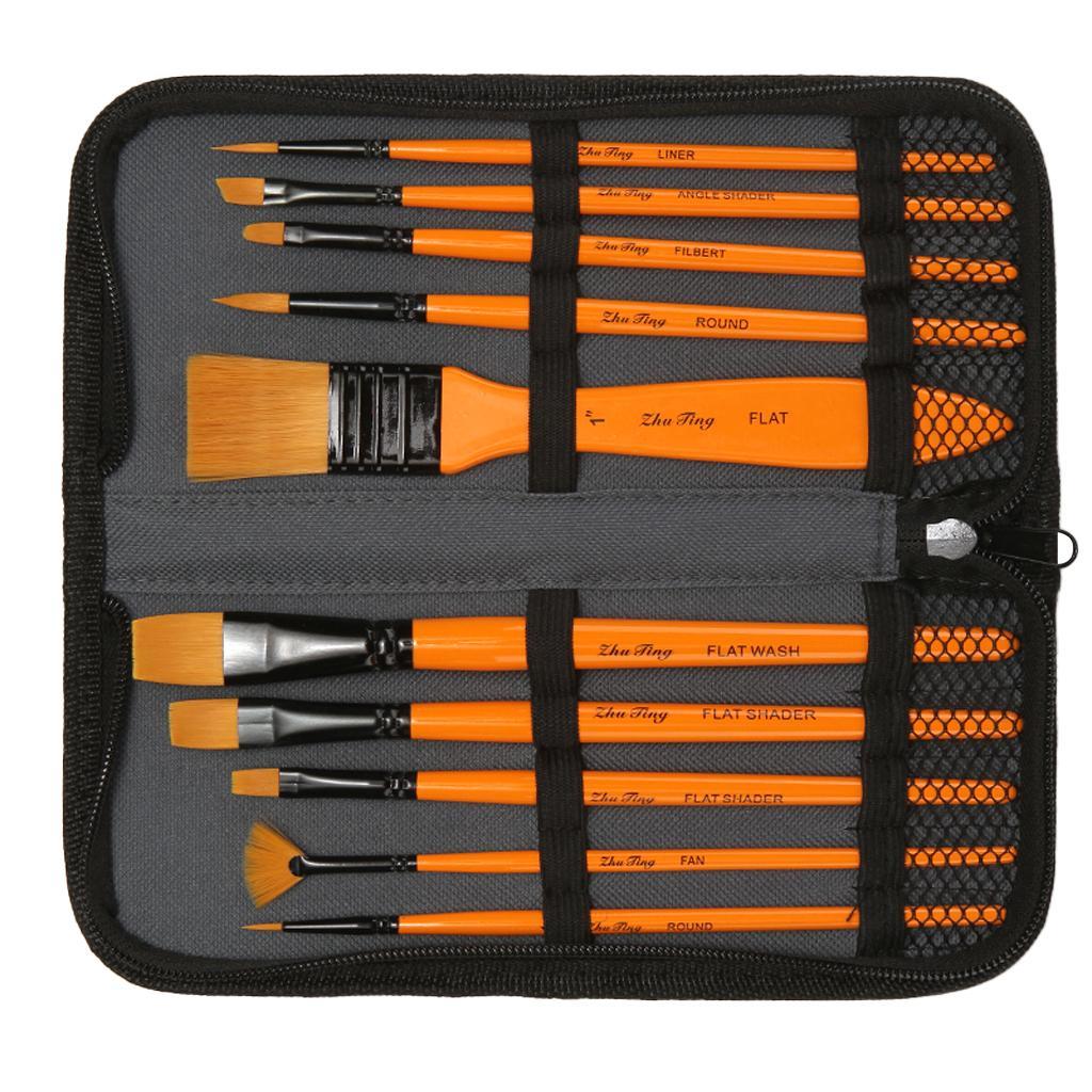 10 Wooden Handle Paint Brushes Artist Brushes Flat Brushes Oil Paint Brushes Brush Set with Zipper Storage Case Watercolor Painting Art Supplies