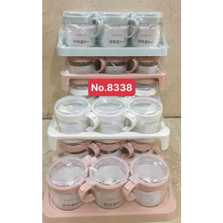 Bộ 2 hũ đựng gia vị thủy tinh cao cấp có khay nhiều màu