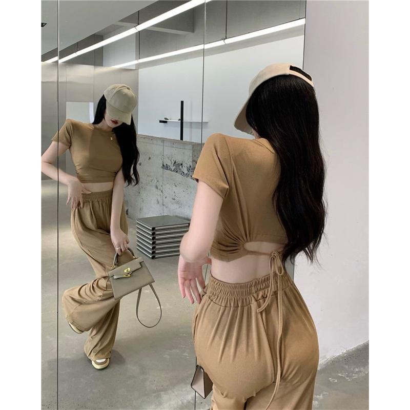 Bộ Áo Croptop Quần Culottes Nữ Vải Thun Set Áo Thun Nữ Cộc Tay Kèm Quần Dài Ống Rộng 2 Màu