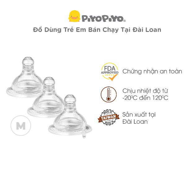 Bộ 3 núm ty silicone cổ rộng chống đầy hơi Piyo Piyo, size S, M, L, XL cho trẻ sơ sinh đến 9 tháng tuổi