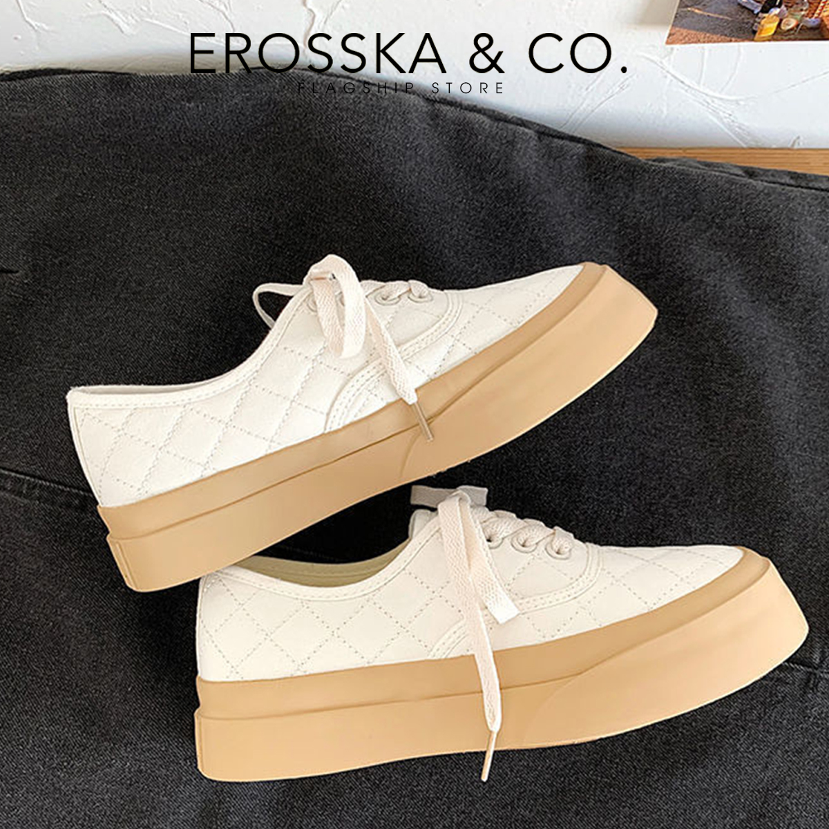 Erosska - Giày sneaker đế dày phối kem đi học phong cách vintage - GS014