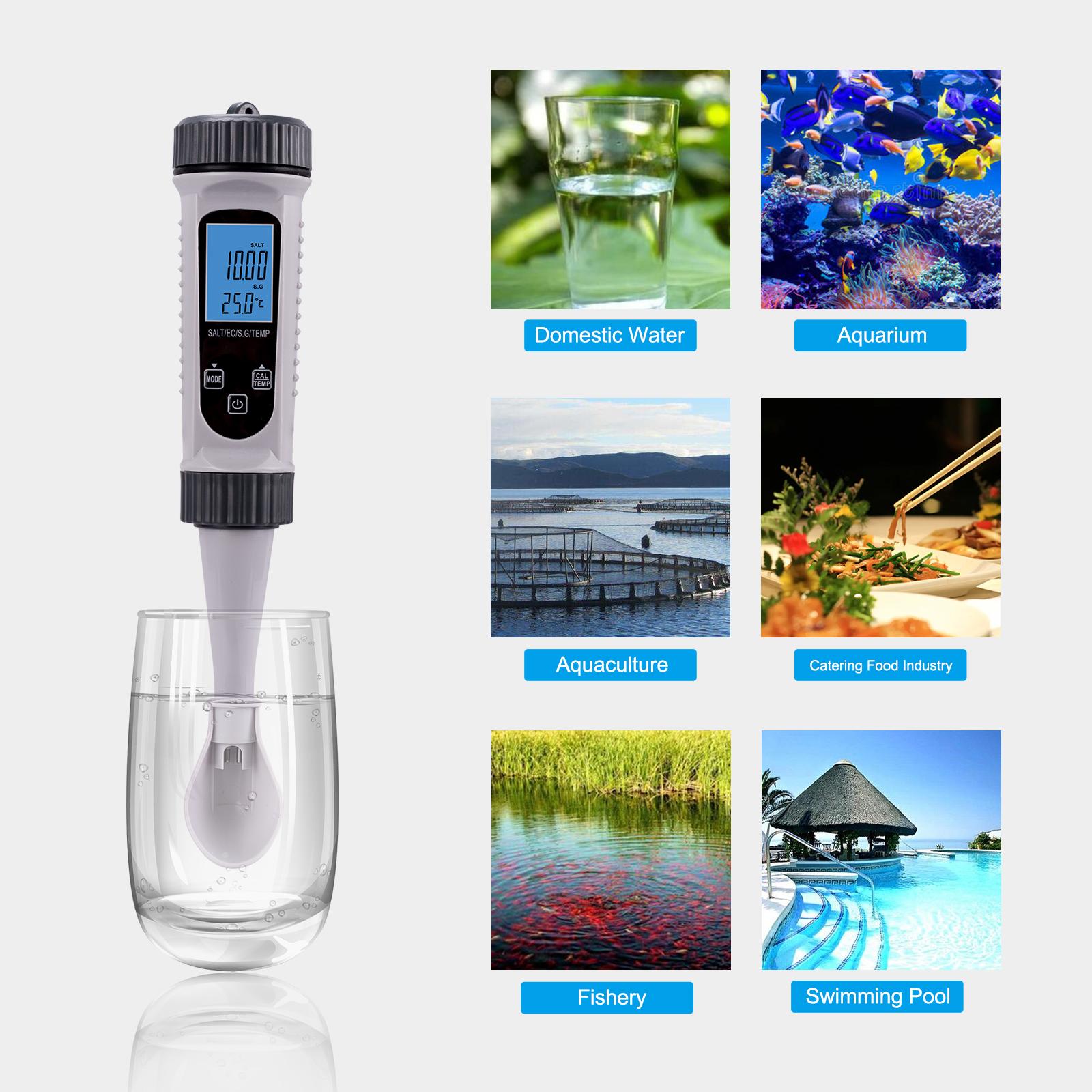 4in1 Máy Kiểm Tra Nước Kỹ Thuật Số SALT Máy Đo Nhiệt Độ S.G. Thiết Bị Bút Đo Chất Lượng Nước Kiểm Tra Chất Lượng Nước Độ Chính Xác Cao Cho Nước Uống Bể Bơi Bể Cá Thủy Canh