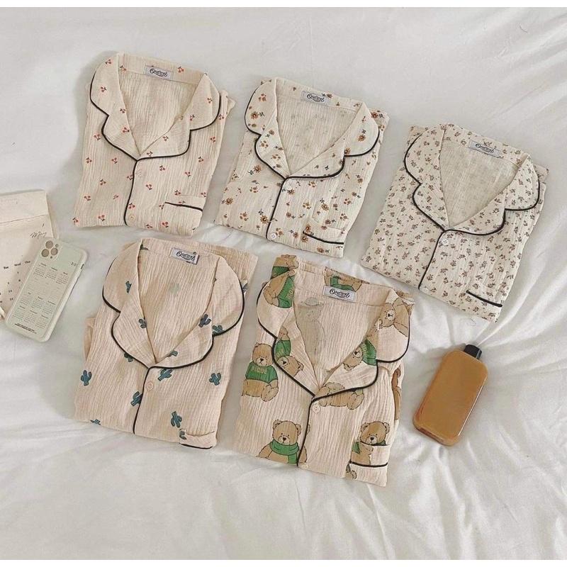 Set bộ ngủ nữ chất đũi nhăn hoạ tiết, bộ đồ mặc nhà nữ chất mát trẻ trung