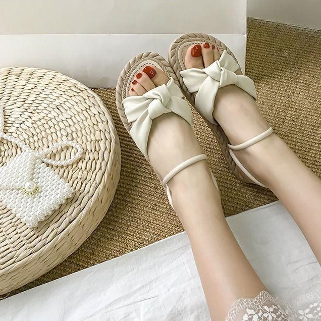 Dép sandal cói nơ đế bằng