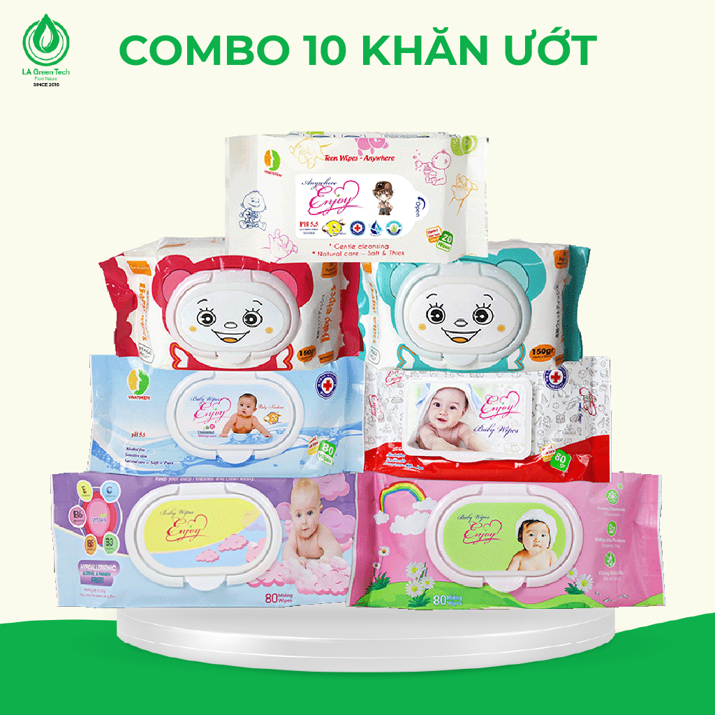 COMBO 10 Khăn ướt baby ENJOY mềm mại, dưỡng ẩm, tiện dụng, đạt chuẩn sức khỏe SGS - Gói 20/50/80 tờ