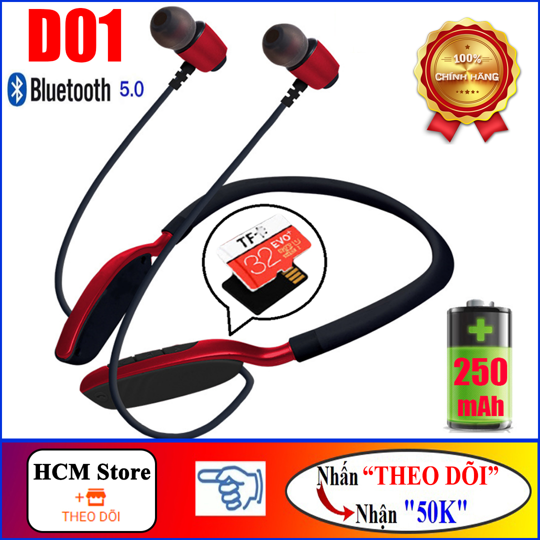 Tai Nghe Bluetooth 5.0 BONKS-D01, Tai Nghe Thể Thao Âm Thanh Bass Mạnh Cực Hay, Hỗ Trợ Thẻ Nhớ - Hàng Chính Hãng