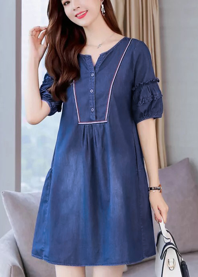 Đầm jeans chữ A cổ phối viền - DT673