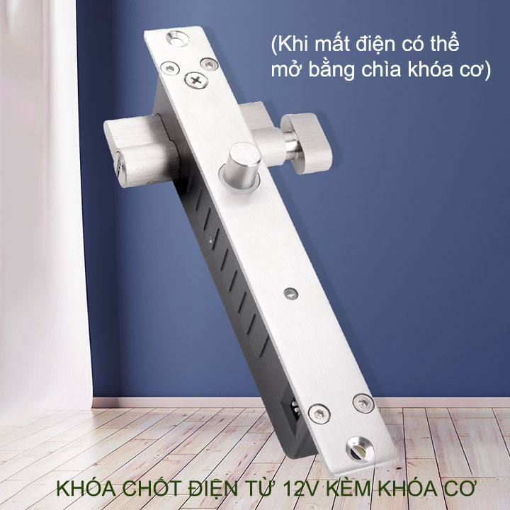 Chốt cửa điện từ thường khóa 12VDC có độ trễ 0-3-6-9 giây, loại 5 dây có kèm cả khóa cơ (mất điện mở bằng chìa khóa cơ)