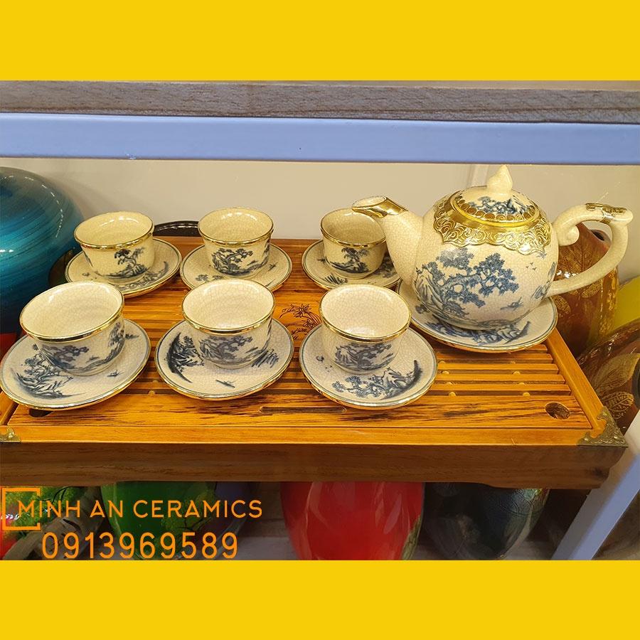 Bộ Ấm Chén chóp lửa số vẽ hoa văn cây Tùng men rạn bọc đồng giả cổ gốm Minh An Bát Tràng