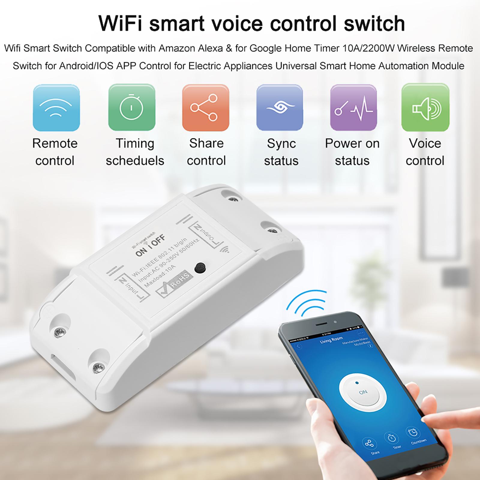 Wifi Smart Switch Compatible with Amazon Alexa and for Google Home Timer 10A/2200W Wireless Remote Switch for Android/IOS APP Control for Electric Appliances Universal Smart Home Automation Module