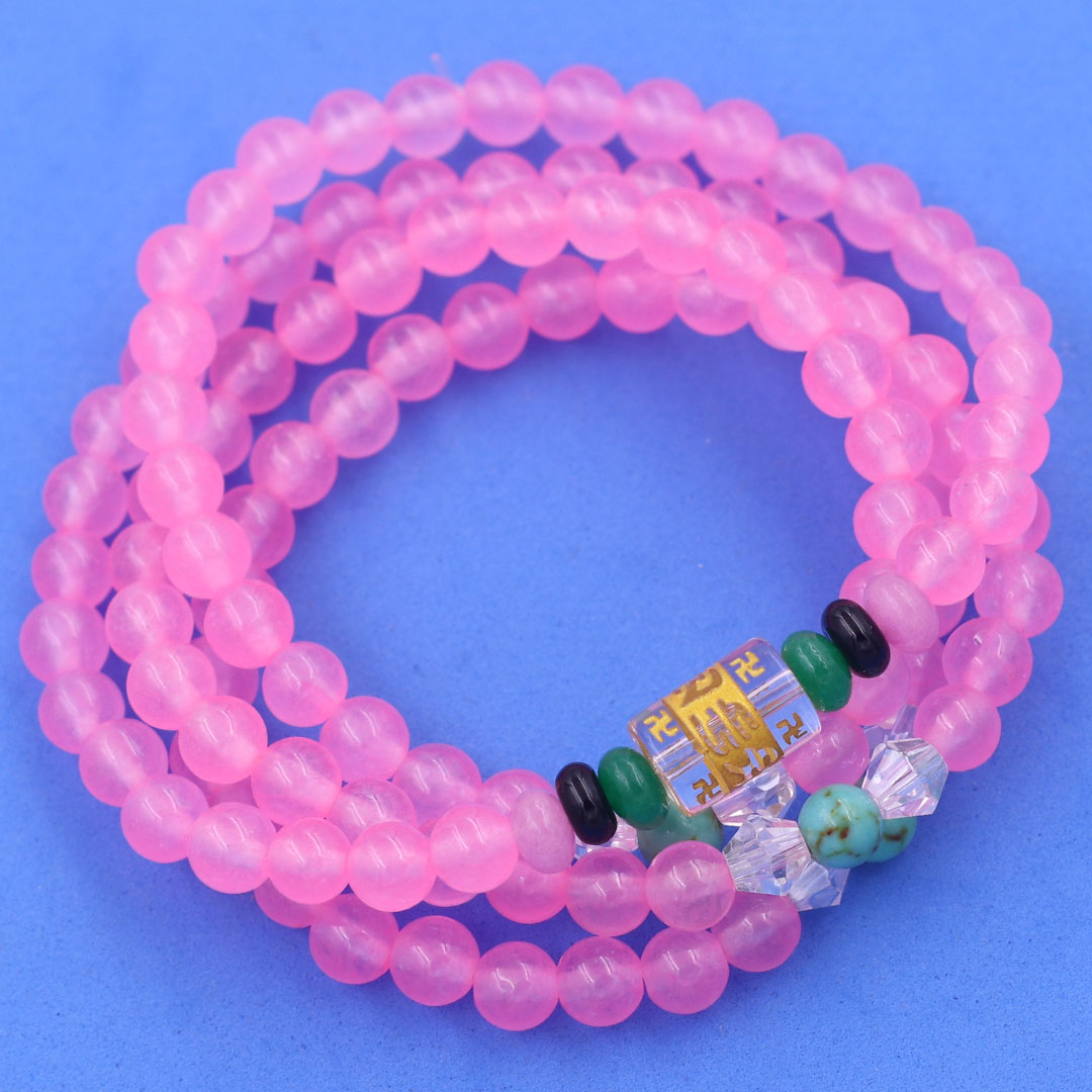 Vòng chuỗi 108 hạt đá thạch anh hồng phấn 6 ly charm lục tự kim ngôn, vòng chuỗi niệm Phật, vòng chuỗi đeo tay