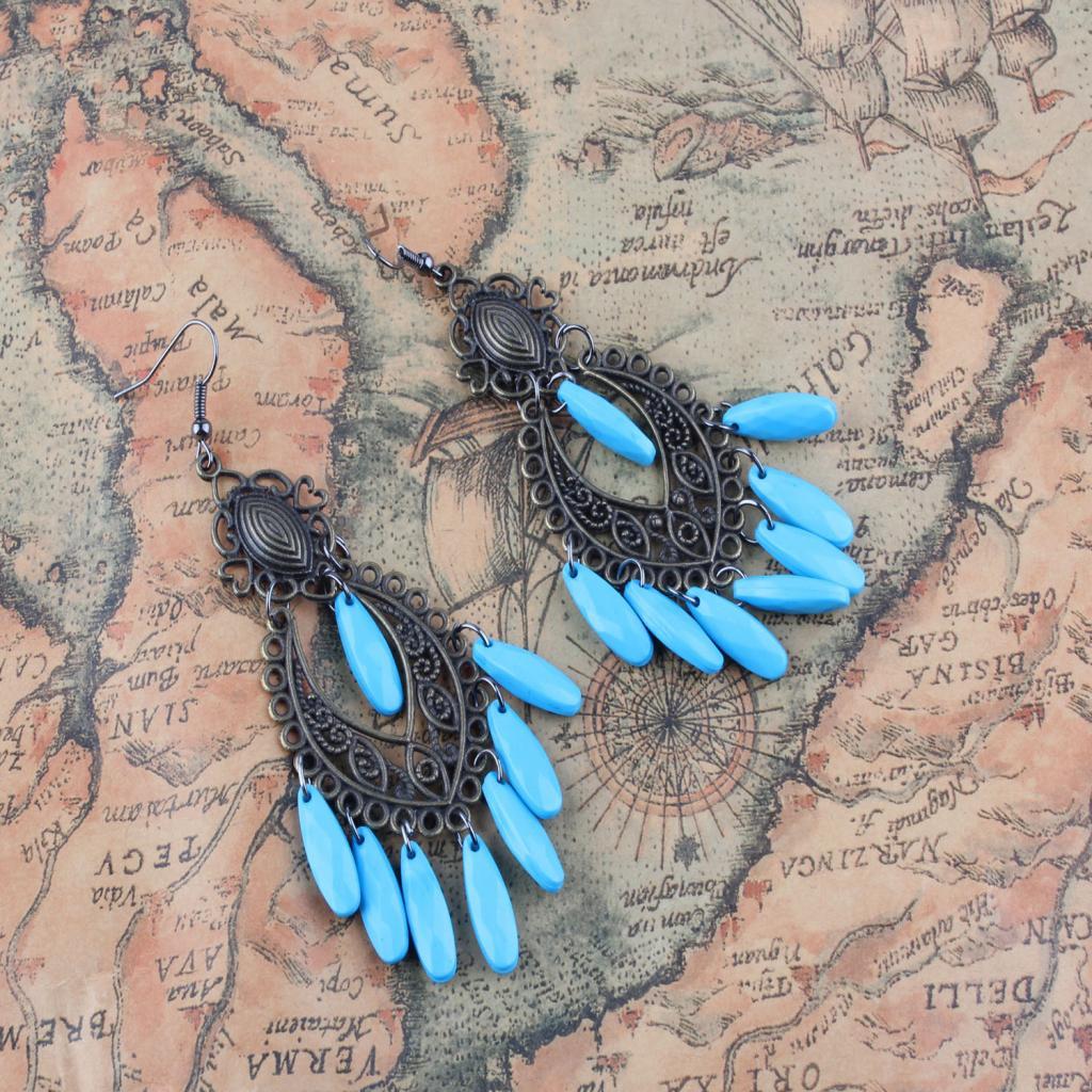 Women Behomia Hollow Flower Alloy Hook Style Earringd Ethnic Odd Beads Dangle Long Tassel Fringe Earrings