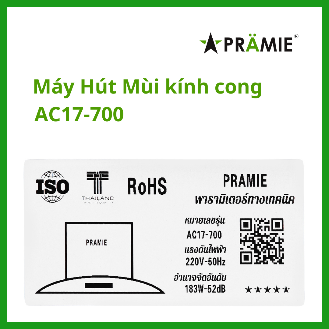 Máy hút mùi kính cong Pramie AC17-700_Vẫy tay_Hàng nhập khẩu Thái Lan