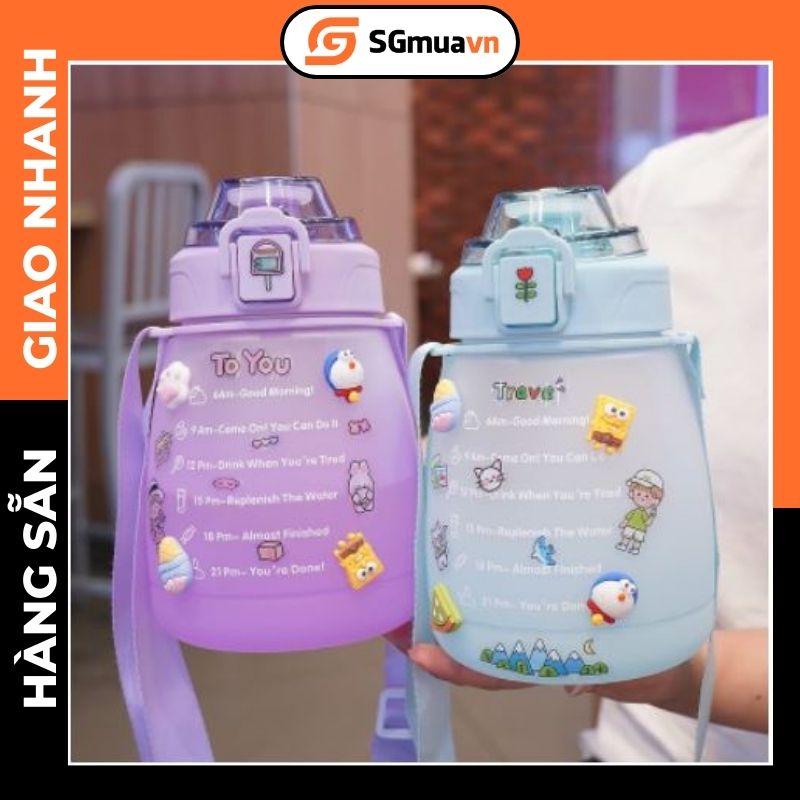 Bình nước thể thao 1.4L màu cầu vồng, dễ thương có thể dán sticker