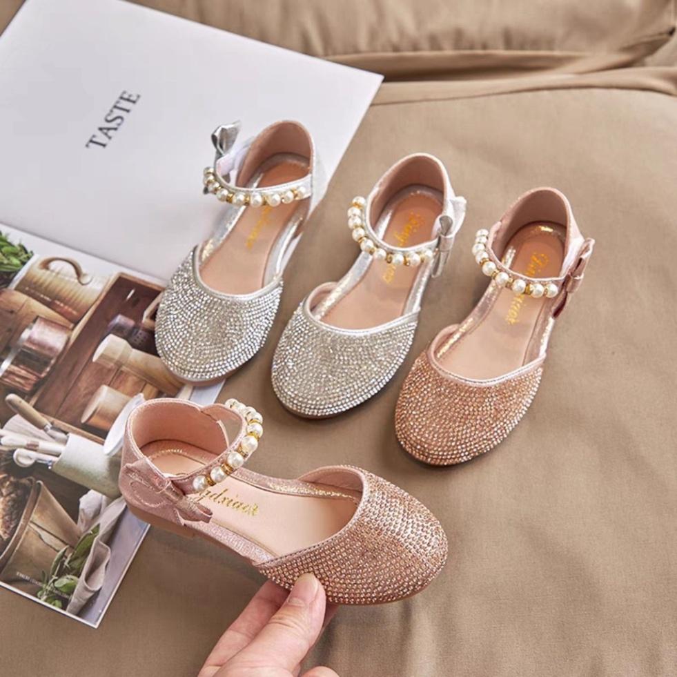 Cho Bé Giày cho bé gái Giày bệt búp bê cho bé từ 1-8 tuổi đính đá quai dán ngọc gắn nơ dễ thương phong cách công chúa Y
