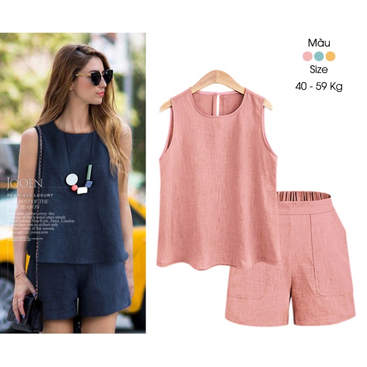 Set áo khoét nách quần sooc cạp chun vải đũi xước  mùa hè phong cách Hàn Quốc cao cấp, 3 màu đủ size 40-60 Kg