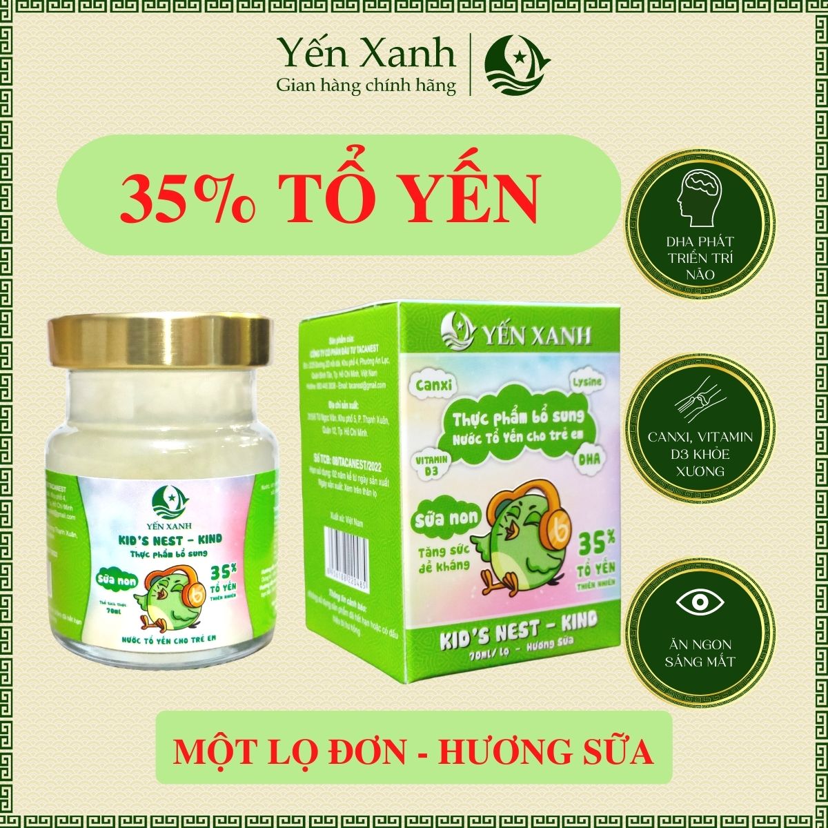 35% tổ yến - Nước tổ yến sào chưng dành cho trẻ em Kid's nest sữa non KIND - Yến Xanh hương sữa - Hộp 1 lọ x 70ml