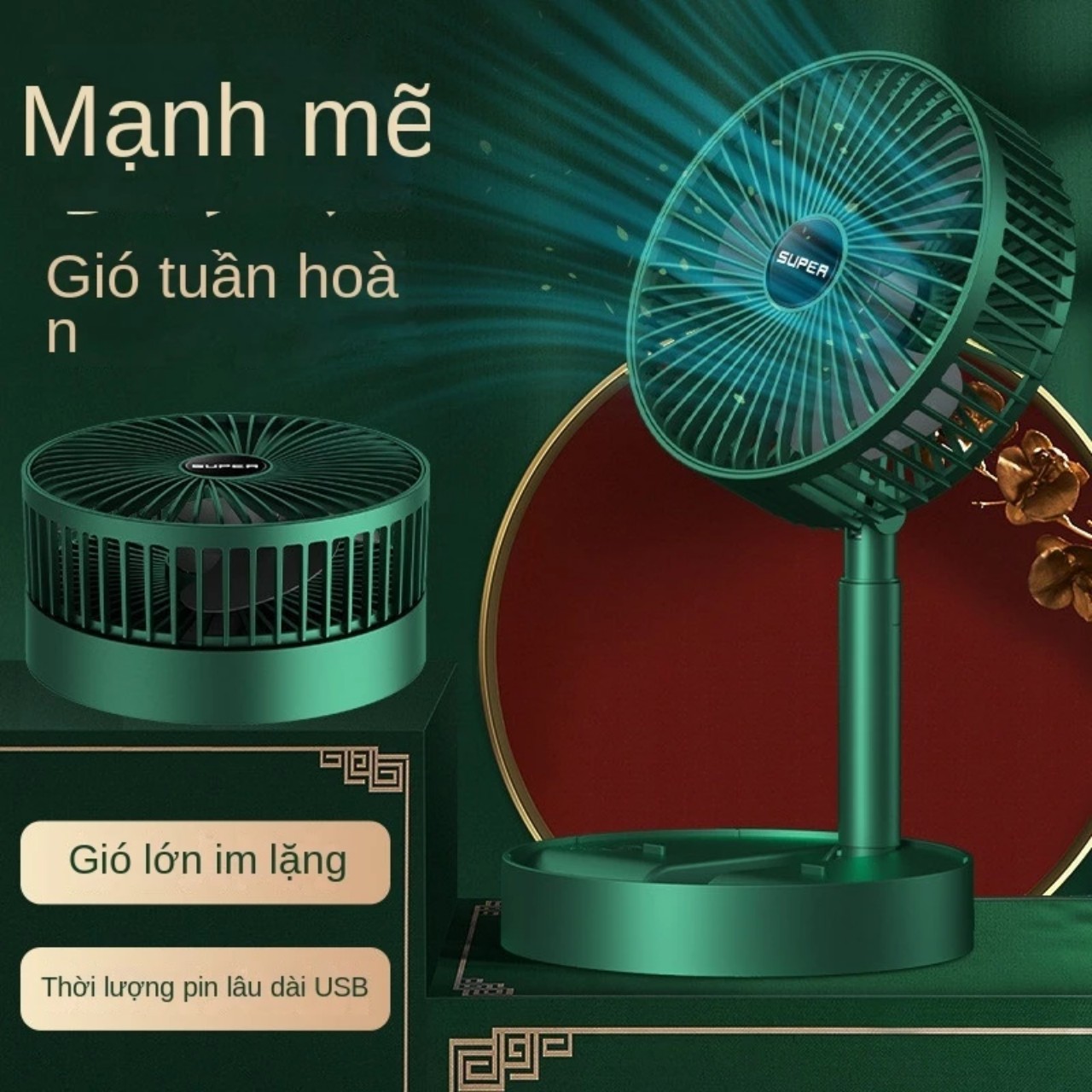 Quạjt Tích Điện Để Bàn Mijni Gấp Gọn: 3 Tốc Độ, Xoay 360 Độ, Pin Dung Lượng Lớn, ĐÈN TRANG TRÍ