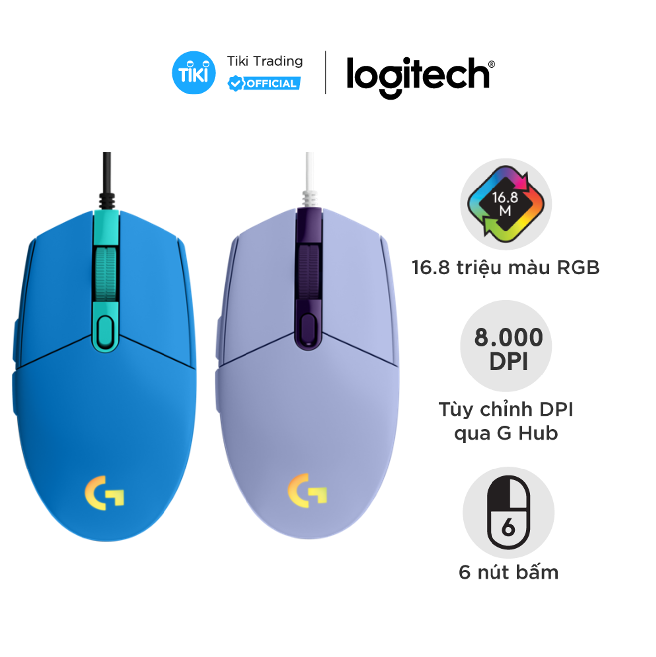 Chuột game có dây Logitech G203 Lightsync - Tùy chỉnh RGB, 6 nút lập trình, nhẹ, 8000 DPI, PC/Mac - Hàng chính hãng