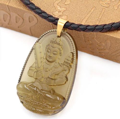 Dây chuyền mặt Hư Không Tạng Bồ Tát thạch anh khói 5cm + dây da - phật bản mệnh tuổi Sửu, tuổi Dần