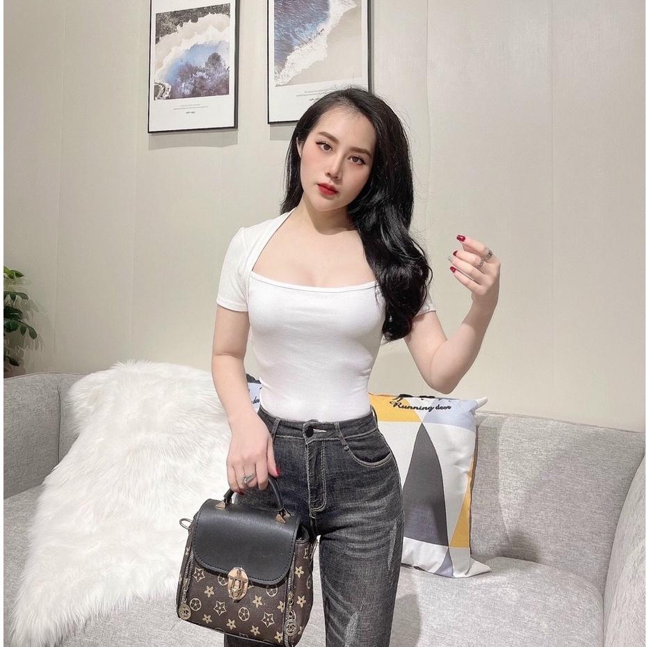 Áo thun nữ ôm body kiểu cổ vuông tay ngắn chất cotton mềm mại phong cách