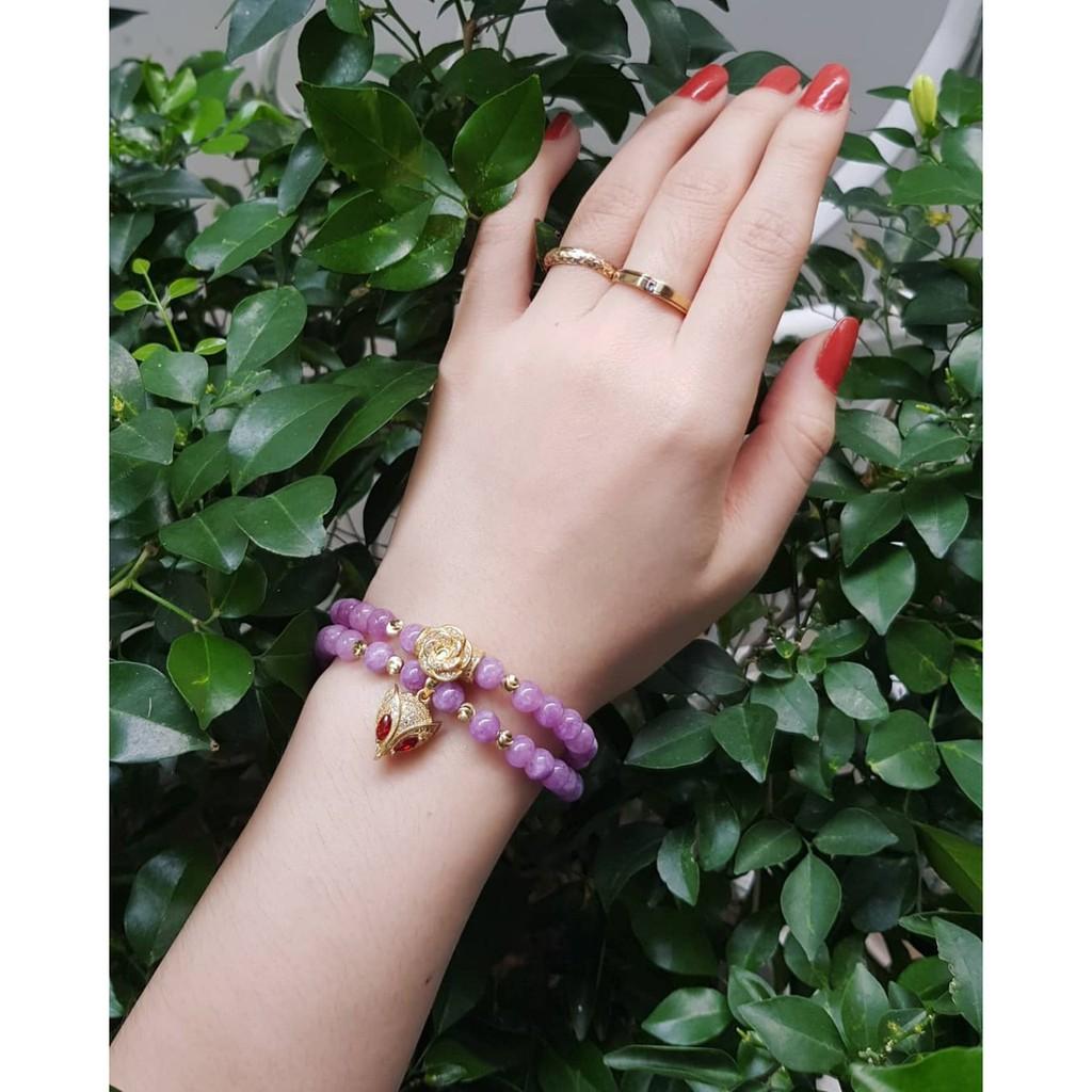 Vòng tay quấn 2 vòng thời trang tím hồng mix charm hồ ly hợp kim mạ vàng cao cấp