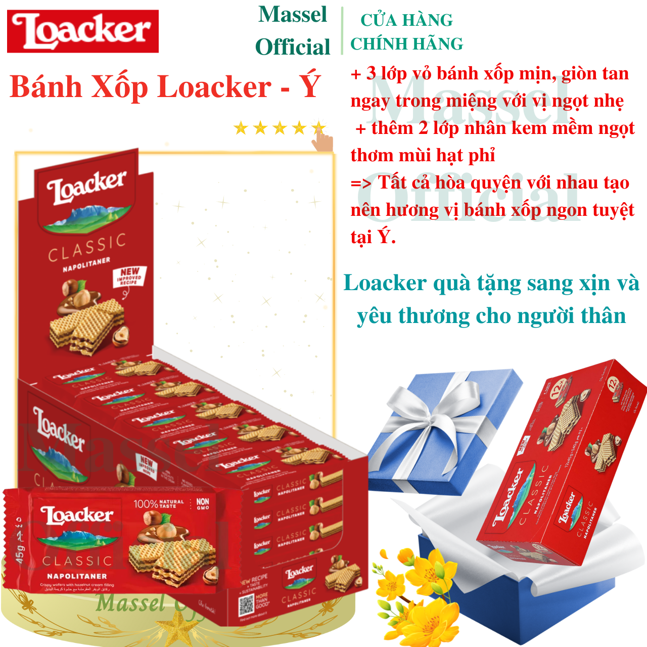 Bánh xốp Loacker nhập khẩu Ý vị bánh xốp mịn, giòn tan, thơm và cung cấp nguồn năng lượng cho cơ thể - Nhiều vị, nhiều size - Massel Official