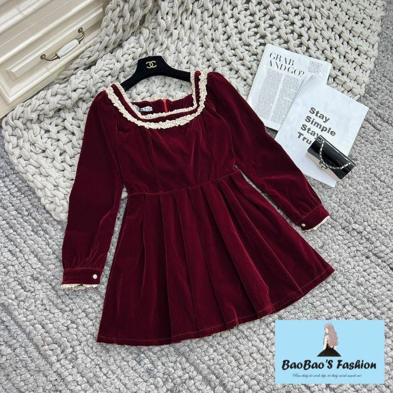 Đầm nhung dáng xoè cổ bèo nữ tính