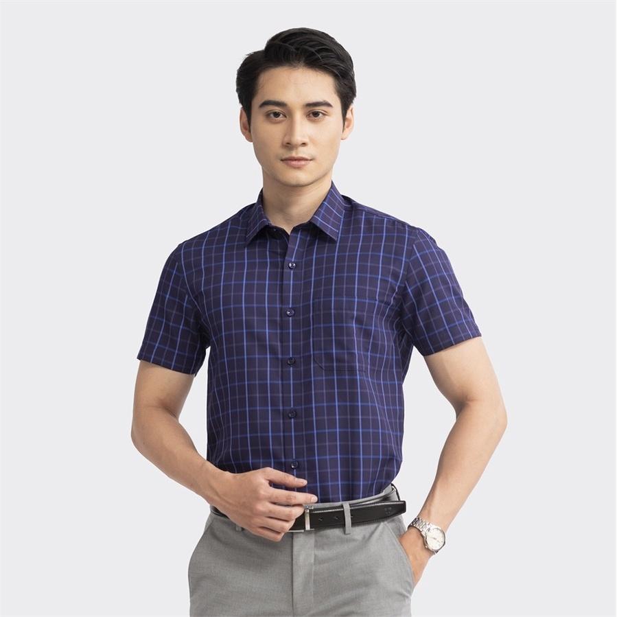 Áo sơ mi nam ngắn tay ARISTINO họa tiết xanh tím than kẻ trẻ trung nam tính - ASS121S2
