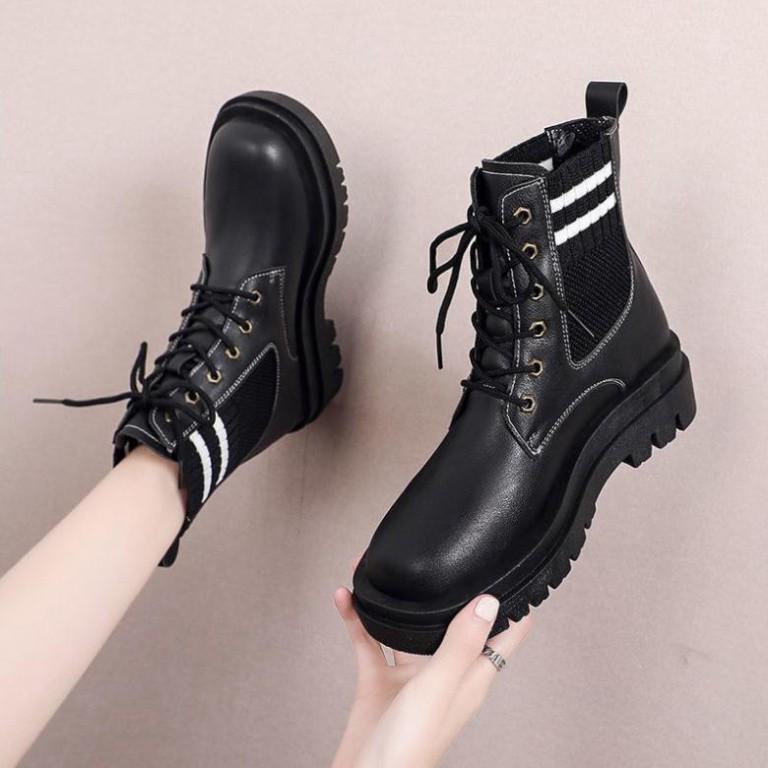 Freeship Giày bốt cổ thấp Martin cho nữ, boots cổ thấp có dây màu đen cổ tròn phối len