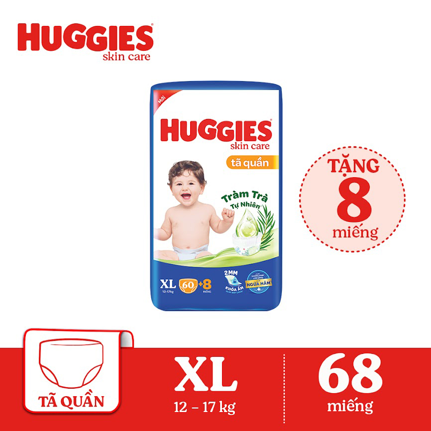 Tã/bỉm quần HUGGIES SKINCARE gói SUPER JUMBO size XL 60+8 miếng