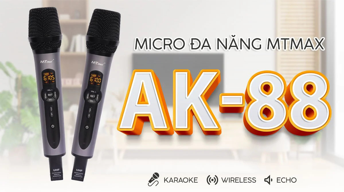 Micro không dây karaoke AK-88 bắt tiếng cực nhạy tích hợp sẵn echo vang thích hợp karaoke gia đình, tiệc tùng, hội họp cùng bạn bè