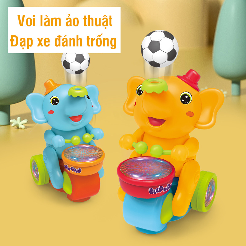 Đồ chơi con voi đánh trống thổi bóng đèn nhạc vui nhộn, đồ chơi xe con voi thổi bóng làm xiếc chuyển động cho bé