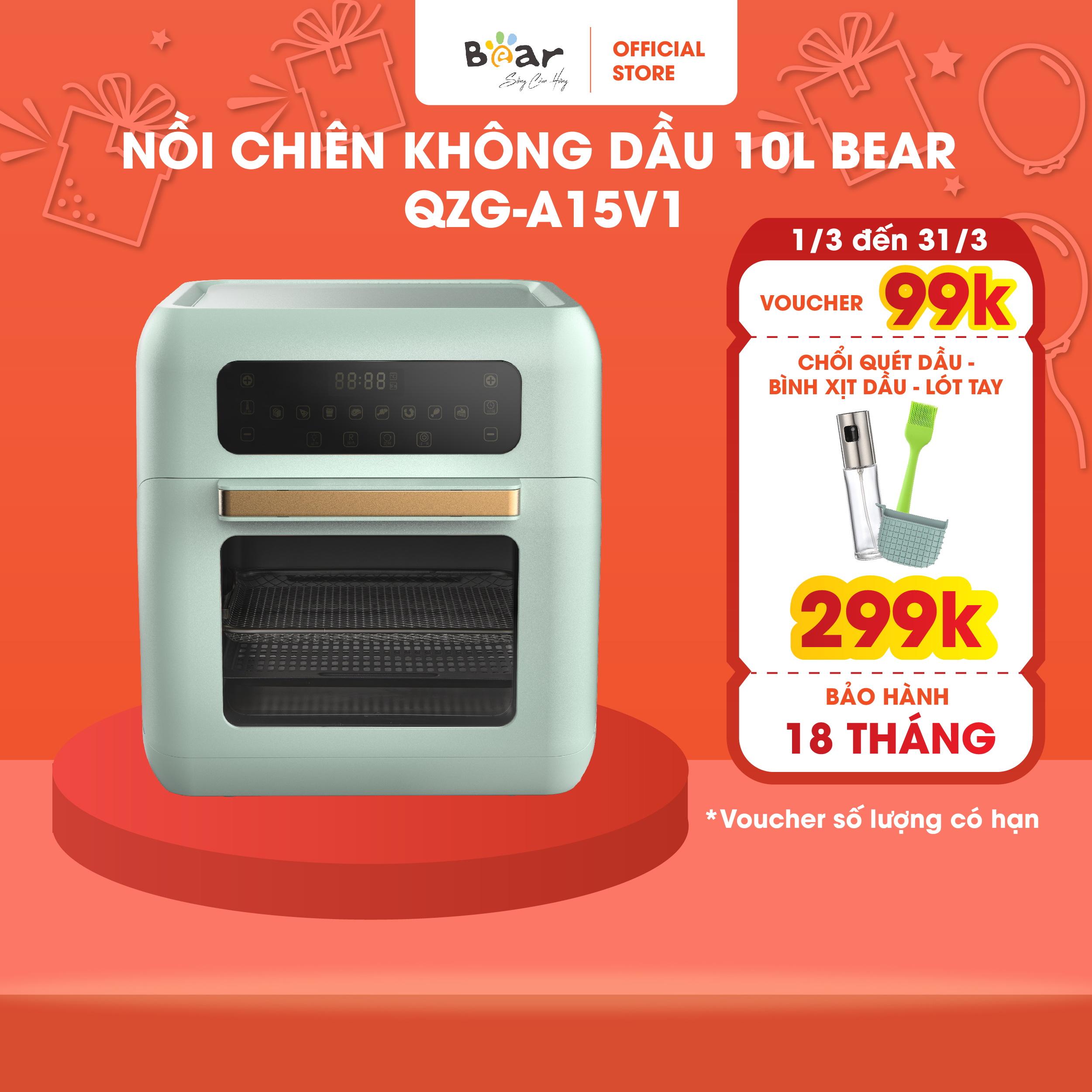 Nồi chiên không dầu Bear 10L QZG A15V1 - Làm nóng bằng không khí, nướng đối lưu - Hàng nhập khẩu