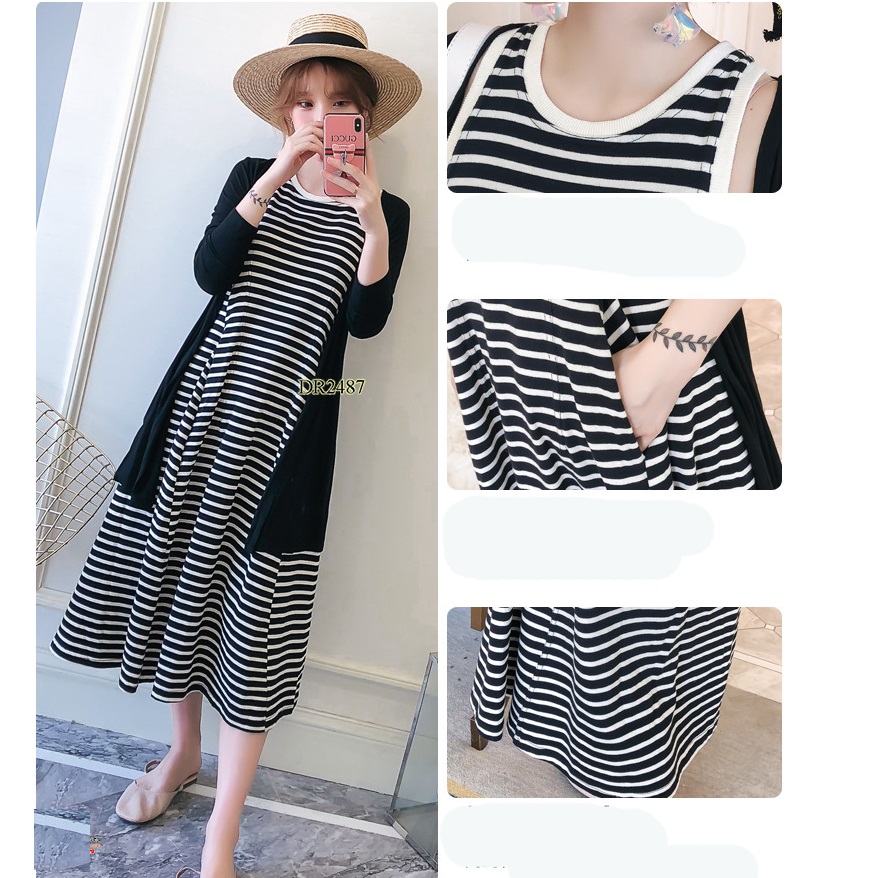 ĐẦM BẦU COTTON DÁNG DÀI CÓ ÁO CALIGAN DR2487