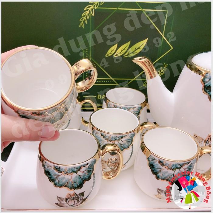Bộ ấm chén sứ sen xanh viền vàng cao cấp mã Y16-1