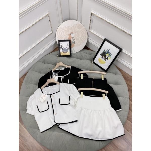 Set áo croptop tay phồng mix váy ngắn