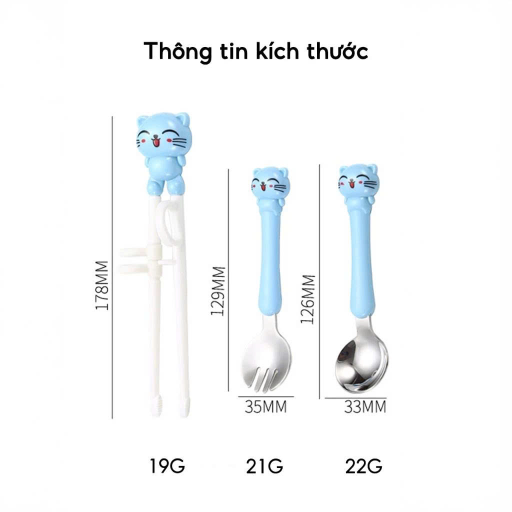 Bộ Ăn Dặm Cho Bé 3 Món, Đũa Xỏ Ngón + Thìa + Dĩa, Dễ Cầm Chống Rơi, An Toàn, Màu Xanh/Hồng - HÀNG CHÍNH HÃNG MINIIN