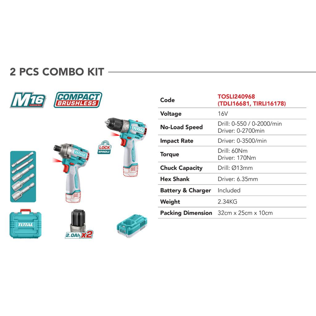 BỘ COMBO MÁY KHOAN TDLI16681 &amp; MÁY SIẾT VÍT TIRLI16171 KHÔNG CHỔI THAN DÙNG PIN 16V 60NM TOTAL TOSLI240968 - HÀNG CHÍNH HÃNG