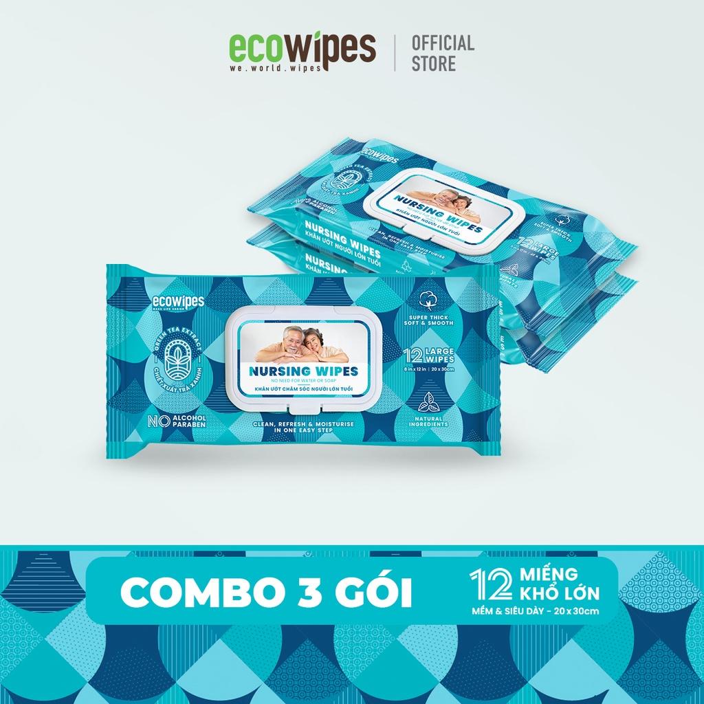 Combo 03 gói khăn giấy ướt vệ sinh cơ thể NursingWipes gói 12 khăn size lớn 30x20cm lau người lớn tuổi, người bệnh, người đi phượt dùng 1 lần