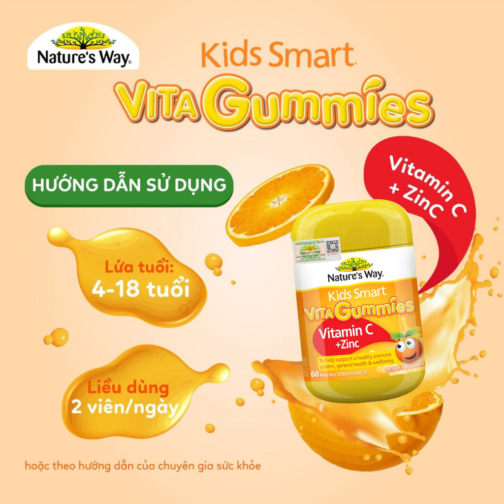 Kẹo Dẻo Kids Smart Vita Gummies Vitamin C + ZinC - Bổ Sung Kẽm &amp; Vitamin C, Hỗ Trợ Tăng Đề Kháng (Chai 60 Viên)