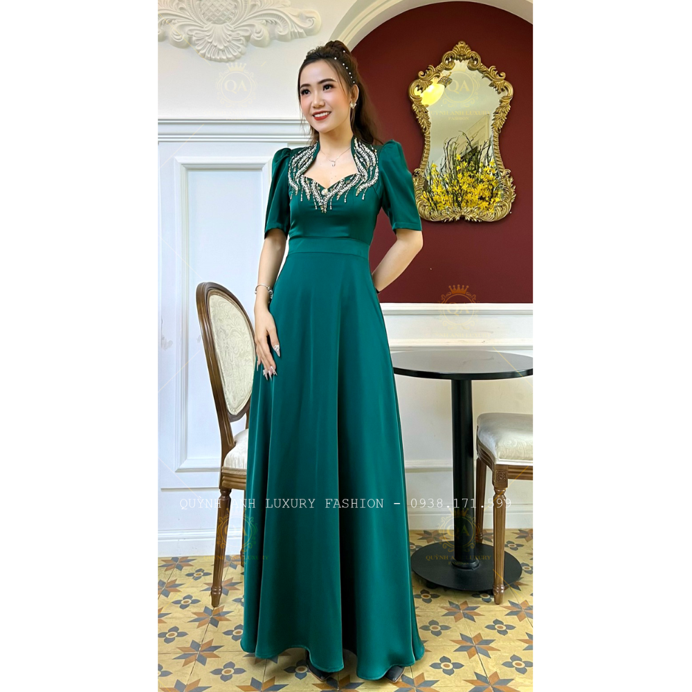 Váy Đầm Dạ Hội Nữ Hoàng Xanh Lá Đính Đá Pha Lê Rosaleen Dress