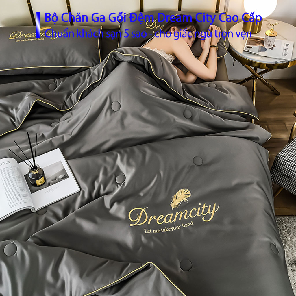 Bộ Chăn Ga Gối Đệm 5 Món Phi Cotton Lụa Tencel Dream City Cao Cấp Chuẩn Khách Sạn 5 Sao Drap Ra Ga Nệm Trải Giường Dễ Thương Cute